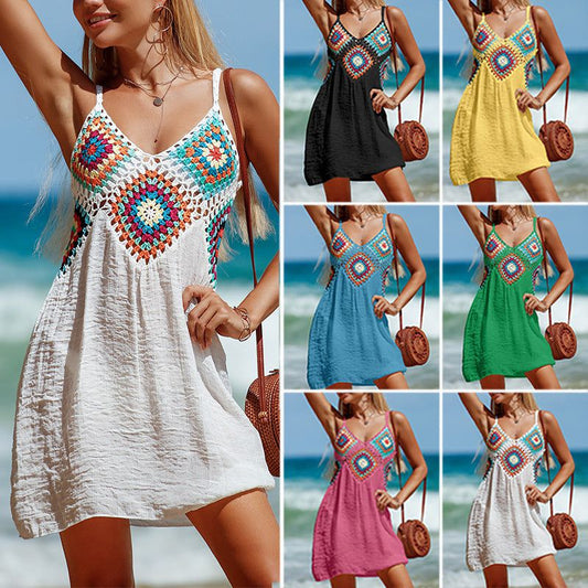 Cheky - Summer Sleeveless Dress Bohemia Stitching Colorful Pattern V-neck Hollow Beach Dress