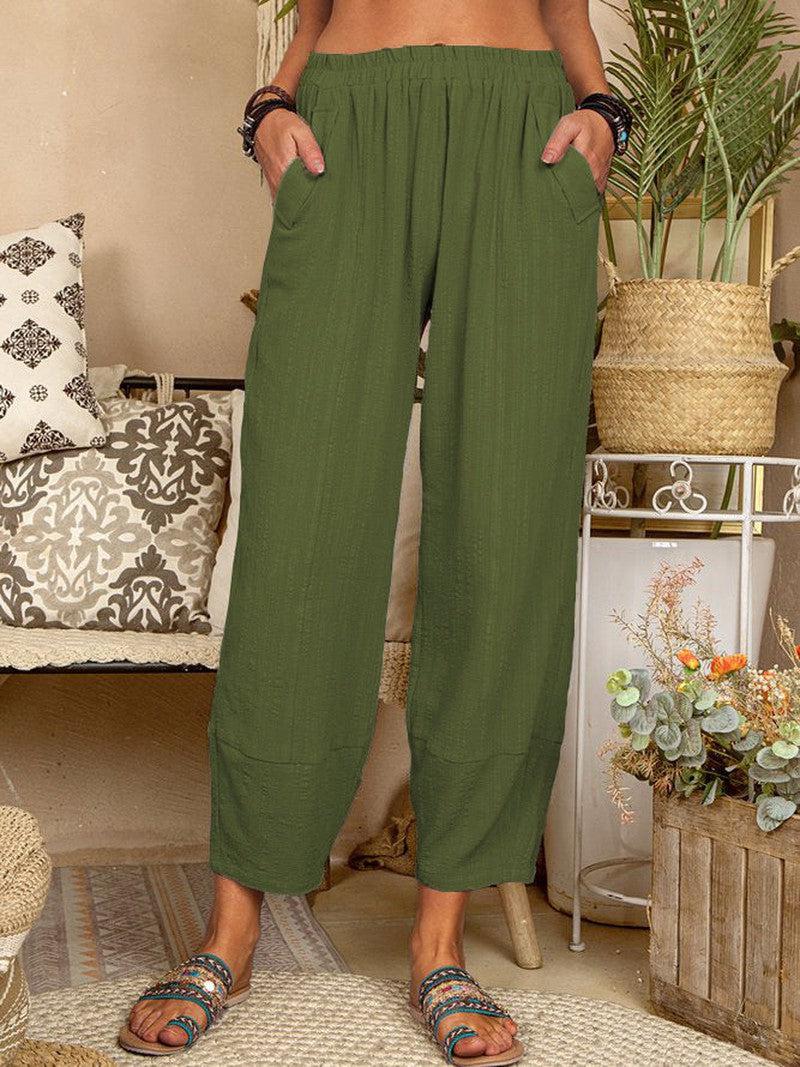 Cheky - Women's Solid Color Loose Cotton And Linen Casual Pants Home