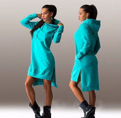 Cheky - Irregular Hooded Long Sleeve Dress Sweatshirt