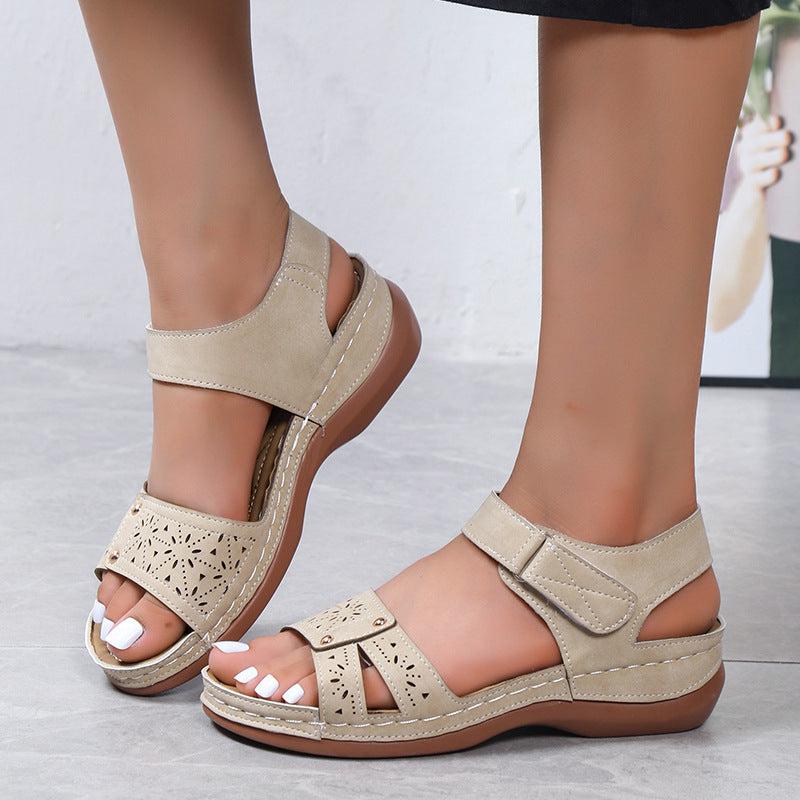 Cheky - Summer Wedges Roman Sandals For Women Casual Hollow Velcro-design Beach Shoes