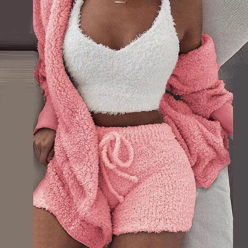 Cheky - Winter Sexy Women Home Wear Suit Casual Pajamas Set Lady Female Soft Warm Long Sleeve Exposed Navel Vest Shorts Set