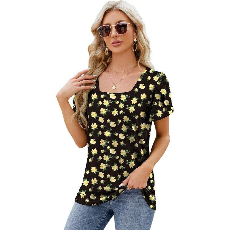 Cheky - Summer Top Fashion Square Neck Printed Short-sleeved T-shirt With Petal Sleeve Design Bohemian Beach Loose T-shirt For Womens Clothing