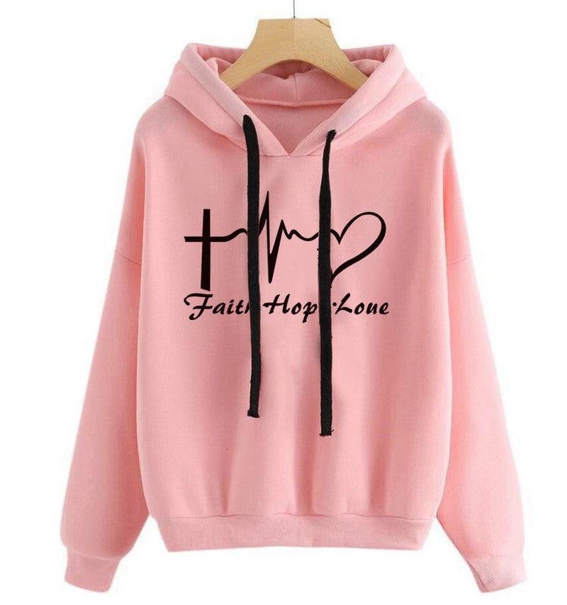 Cheky - Heart Print Hoodie Sweatshirt Pullover Tops Women Long Sleeve Sports Clothes