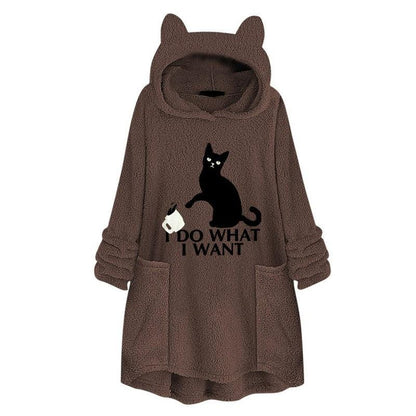 Cheky - Hooded Pullover Cat Print Long Sleeved Reversible Velvet Sweater