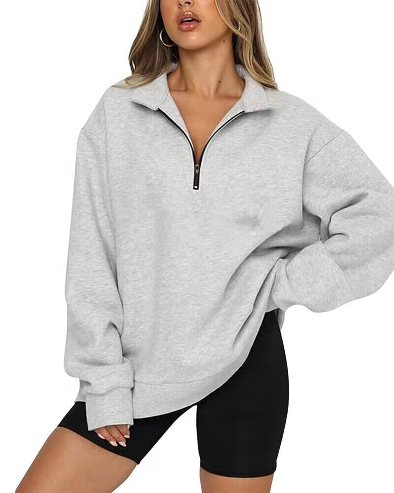 Cheky - Women Sweatshirts Zip Turndown Collar Loose Casual Tops Clothes