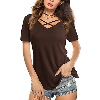 Cheky - Front Cross VNeck Short Sleeve Loose TShirt Women