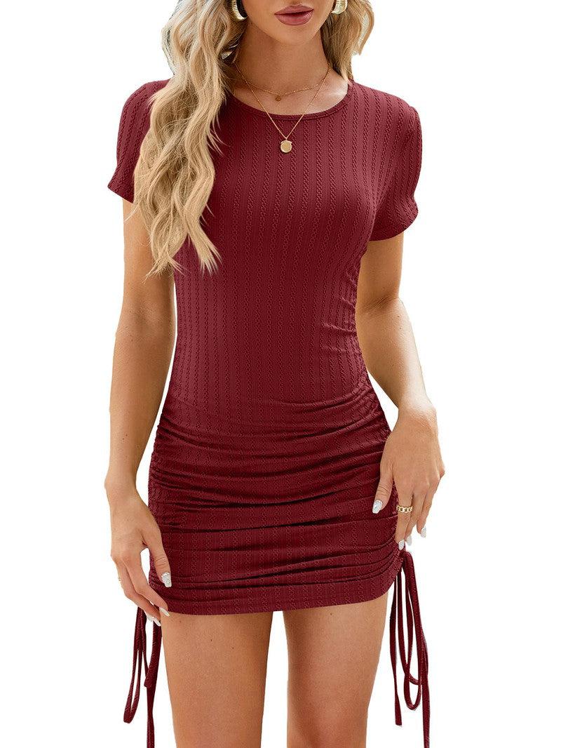 Cheky - Solid Color Short-sleeved Slim Short Dress Fashion Round Neck Pleated Drawstring Design Dress Womens Clothing