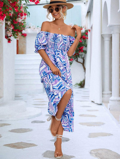 Cheky - Women's Off-shoulder Smocking Printed Dress