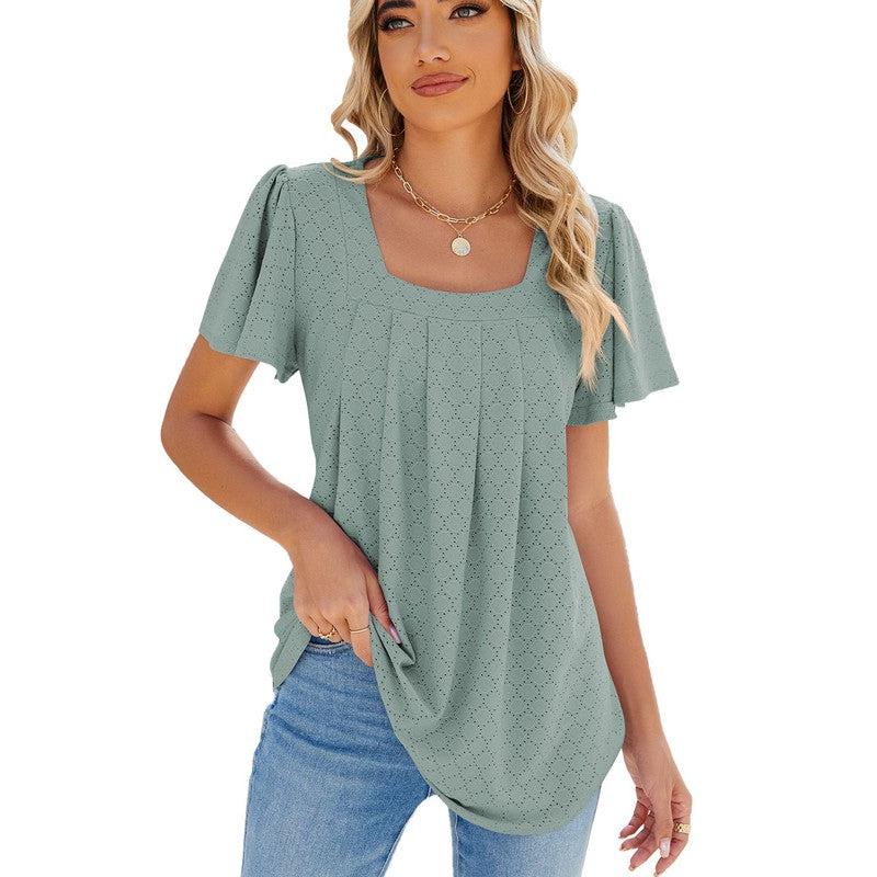 Cheky - Summer Square Neck Pleated Short-sleeved T-shirt Loose Solid Color Ruffled Hollow Design Top For Womens Clothing