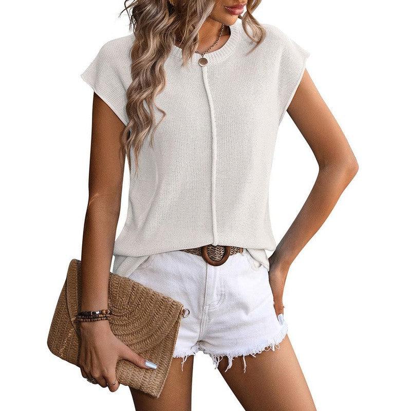 Cheky - New Knitted Round Neck Short-sleeved Top Summer Casual Loose Solid Color T-shirt Womens Clothing