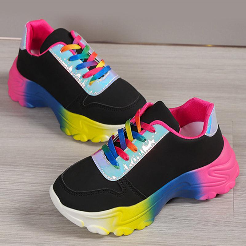 Cheky - INS Style Rainbow Color Sports Shoes For Women Thick Bottom Lace-up Sneakers Fashion Casual Lightweight Running Walking Shoes