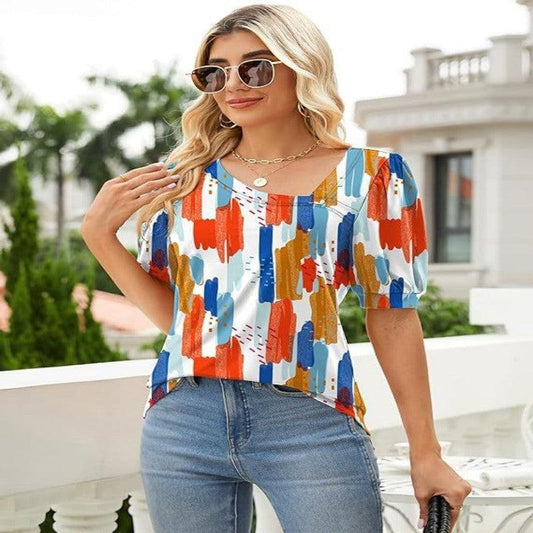 Cheky - Women's Short Sleeve Irregular Puff Sleeve Loose Floral T-shirt