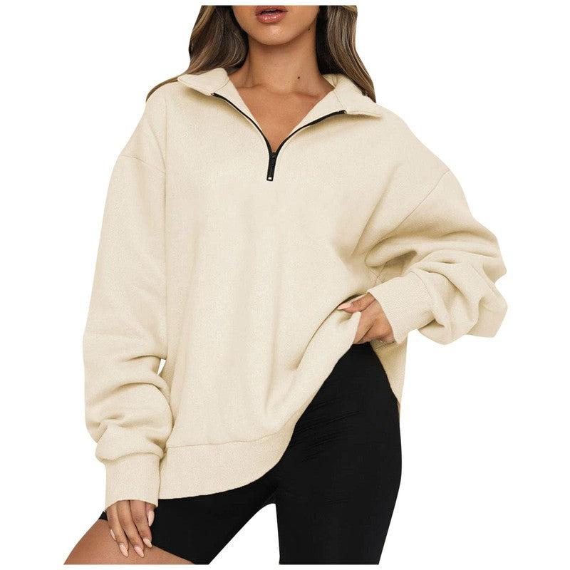 Cheky - Women Sweatshirts Zip Turndown Collar Loose Casual Tops Clothes