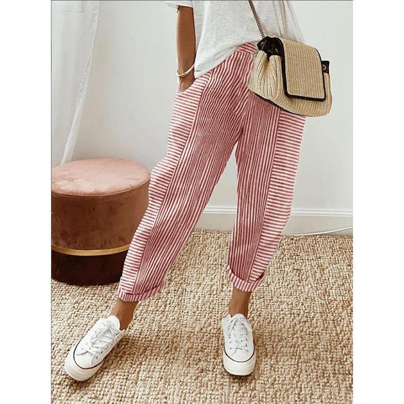 Cheky - Women's Striped Print Trousers Summer Fashion Casual Loose Pants