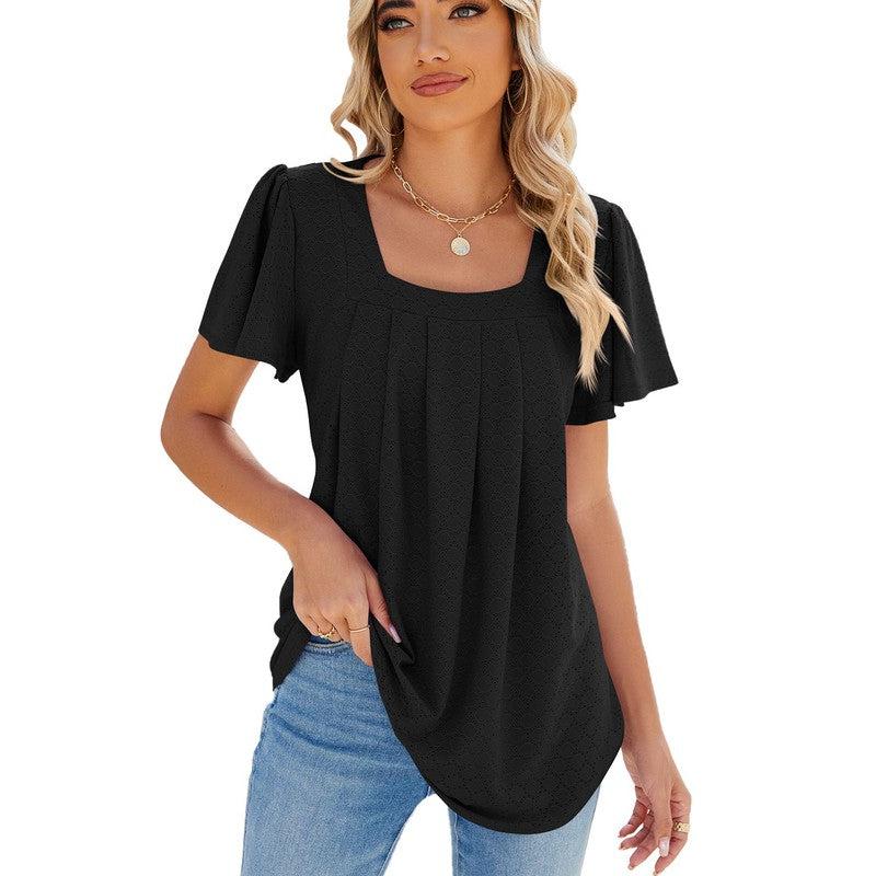 Cheky - Summer Square Neck Pleated Short-sleeved T-shirt Loose Solid Color Ruffled Hollow Design Top For Womens Clothing