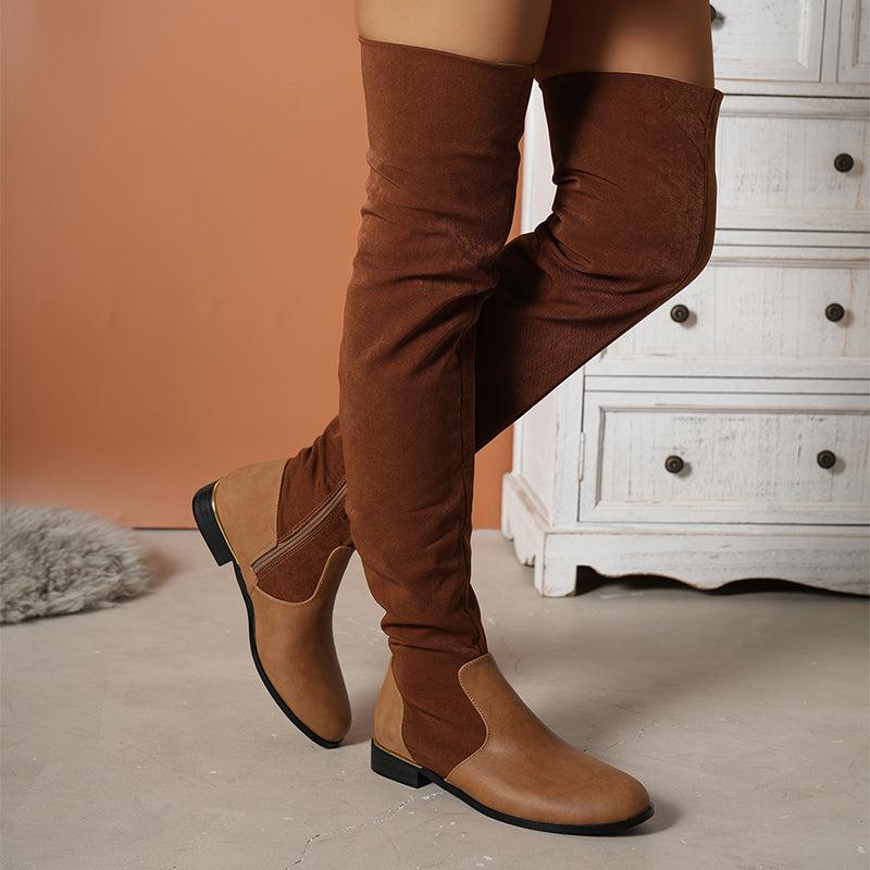 Cheky - Fashion Over-the-knee Boots For Women Suede Stitching Low-heeled Long Boots With Side Zipper Design Party Shoes Winter