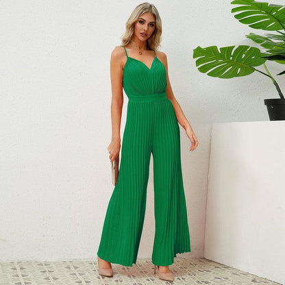 Cheky - V-neck Suspender Pleated Jumpsuit Solid Color Loose Straight Pants Womens Clothing