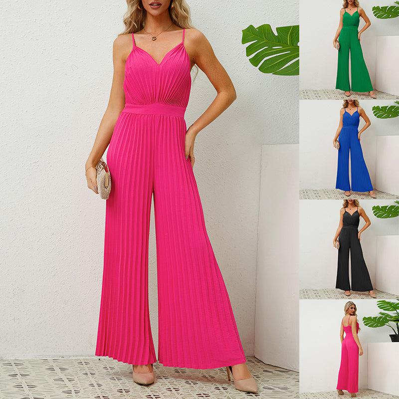 Cheky - V-neck Suspender Pleated Jumpsuit Solid Color Loose Straight Pants Womens Clothing