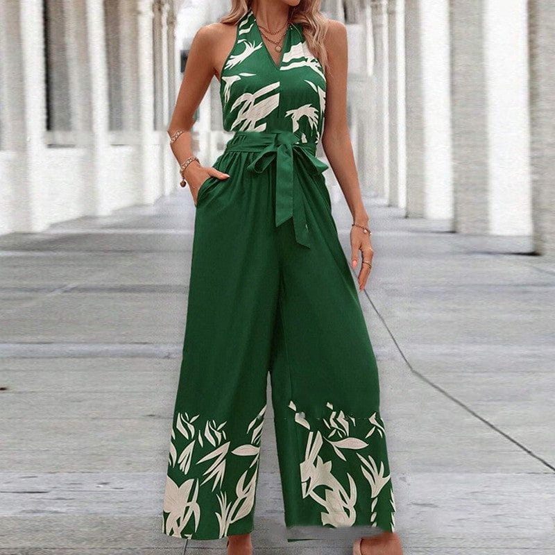 Cheky - Printing Series Belt Halter Backless Jumpsuit For Women