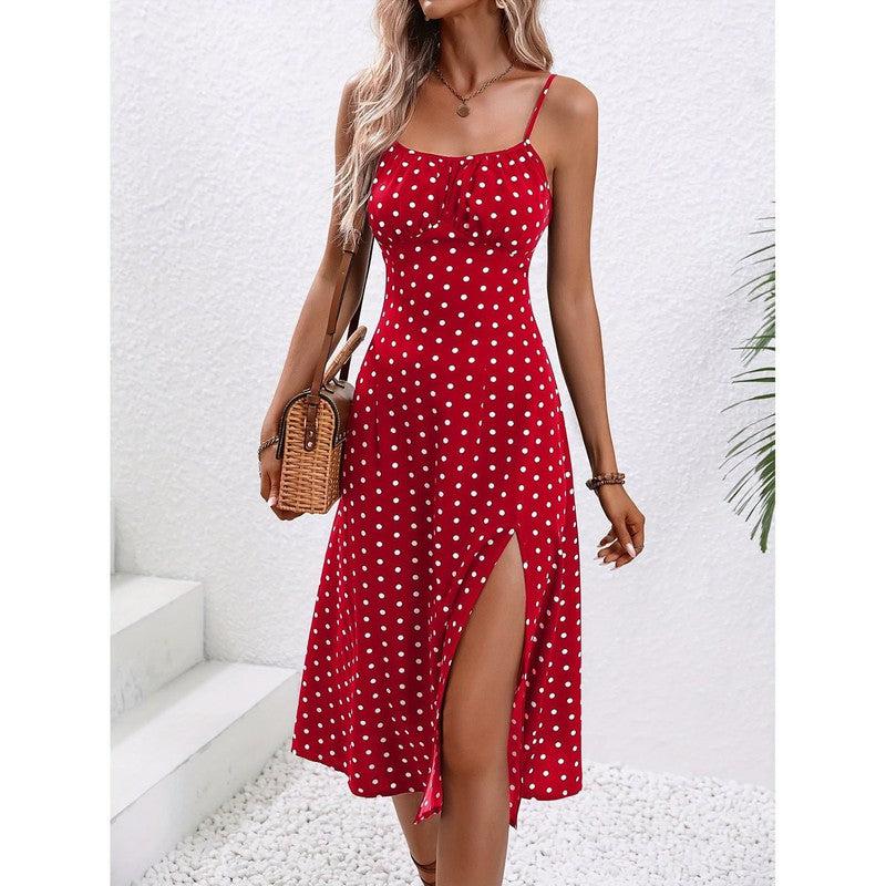 Cheky - New Polka Dot Print Suspender Dress Summer Sexy Slit Long Dresses For Womens Clothing