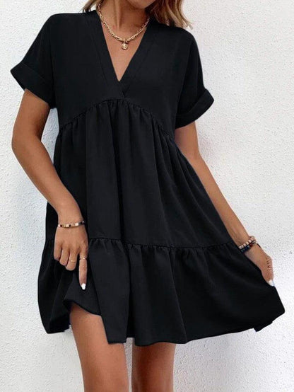 Cheky - New Short-sleeved V-neck Dress Summer Casual Sweet Ruffled Dresses Solid Color Holiday Beach Dress For Womens Clothing