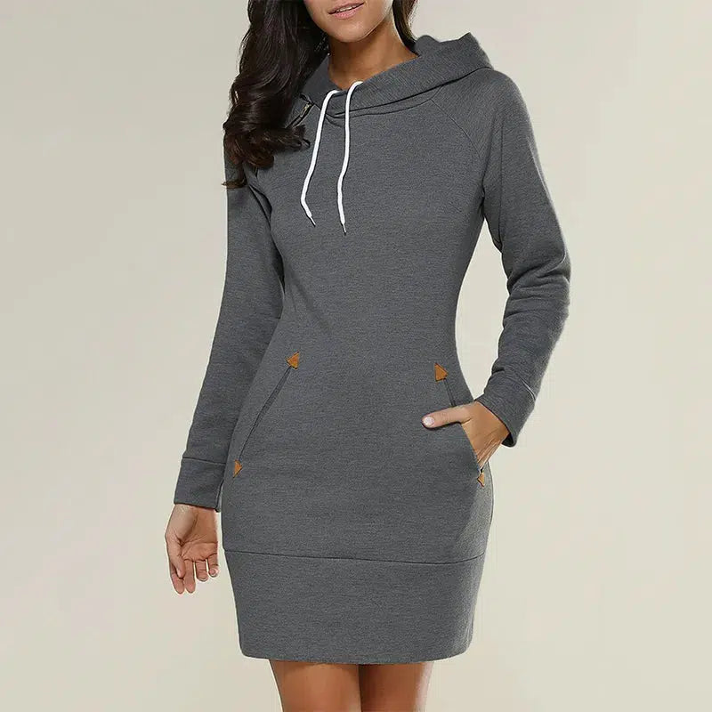 Cheky - Women‘s Knee-Length Pockets Dress Hooded Warm Sweat Shirt Long Sleeve Side Zip Neckline Simple Casual Sports Skirt