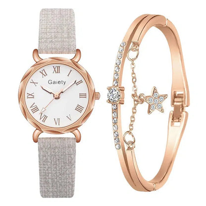 Cheky - Gaiety Brand 2pcs Set Casual Watch For Women Rhinestone Bracelet Watch Leather Ladies Wrist Clock Simple Dress Gfit Montre Femme