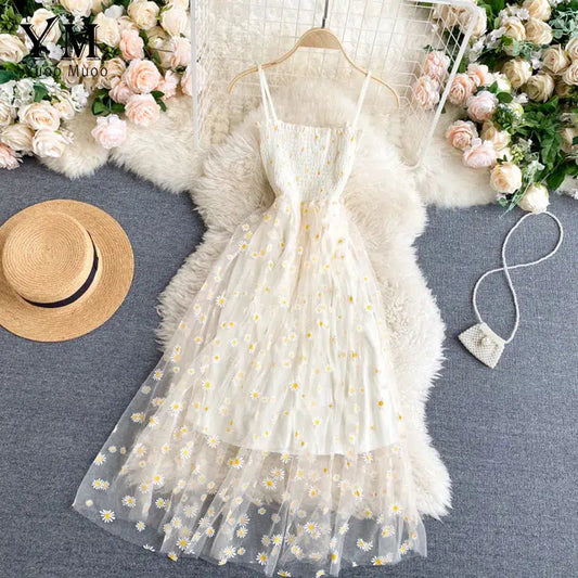 Cheky - YuooMuoo Korean Fashion Daisy Flower Print Mesh Party Dress Summer Two Layers Spaghetti Strap Vacation Midi Dress Beach Vestidos