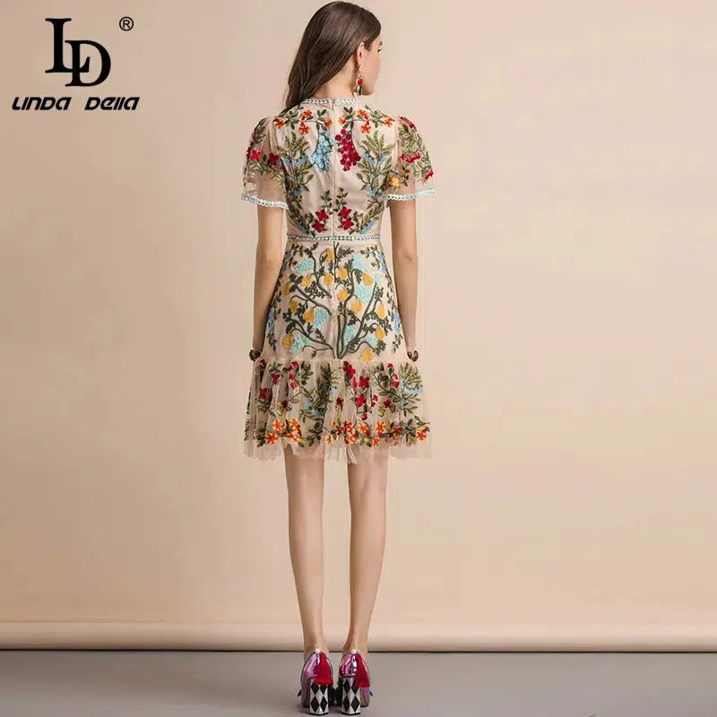 Cheky - LD LINDA DELLA New 2023 Fashion Runway Summer Dress Women's Flare Sleeve Floral Embroidery Elegant Mesh Hollow Out Midi Dresses