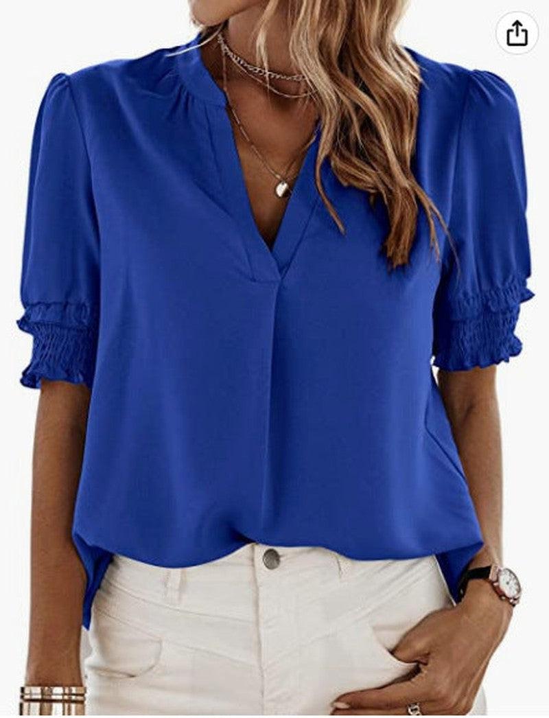 Cheky - Women's V-neck Casual Short-sleeved Solid Color Chiffon Shirt