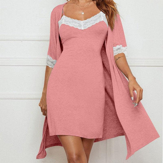 Cheky - Pajama Suit Lace Stretch Slip Nightdress Nightgown Breathable Two-piece Set Sexy Home Wear