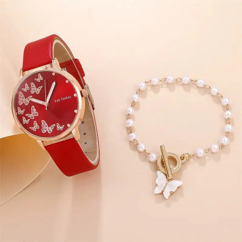 Cheky - 2pcs Set Womens Butterfly Watches Ladies Fashion Watch New Simple Casual Women Analog WristWatch Bracelet Gift