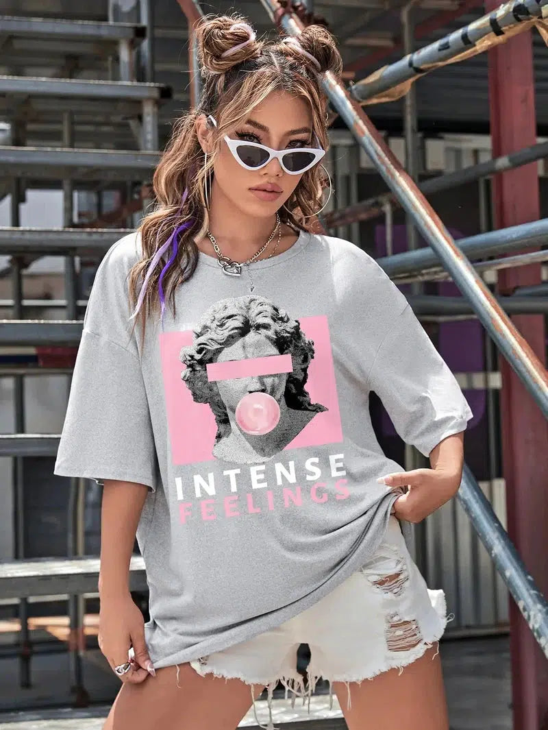 Cheky - INTENSE FEELINGS Street Hip Hop Female T-Shirts Loose Oversize Short Sleeve Soft Cotton Soft Tops Summer Breathable Tee Clothing