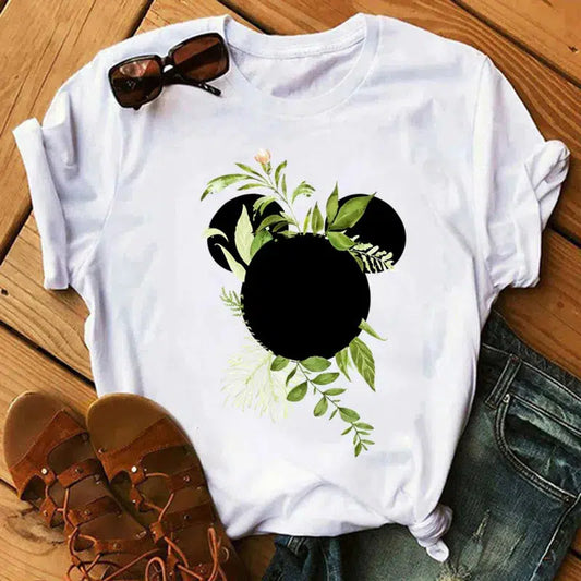 Cheky - Disney T Shirt Women Flower Minnie Mouse Clothes Leopard Print Kawaii T-Shirt Summer Tops Harajuku Black Women Tees