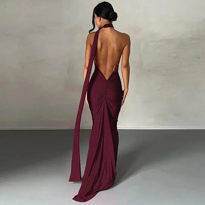 Cheky - Backless Maxi Dress Elegant Red Long Sleeve Sexy Ruched Bodyocn Evening Party Dress for Women Spring Slim Christmas Outfits