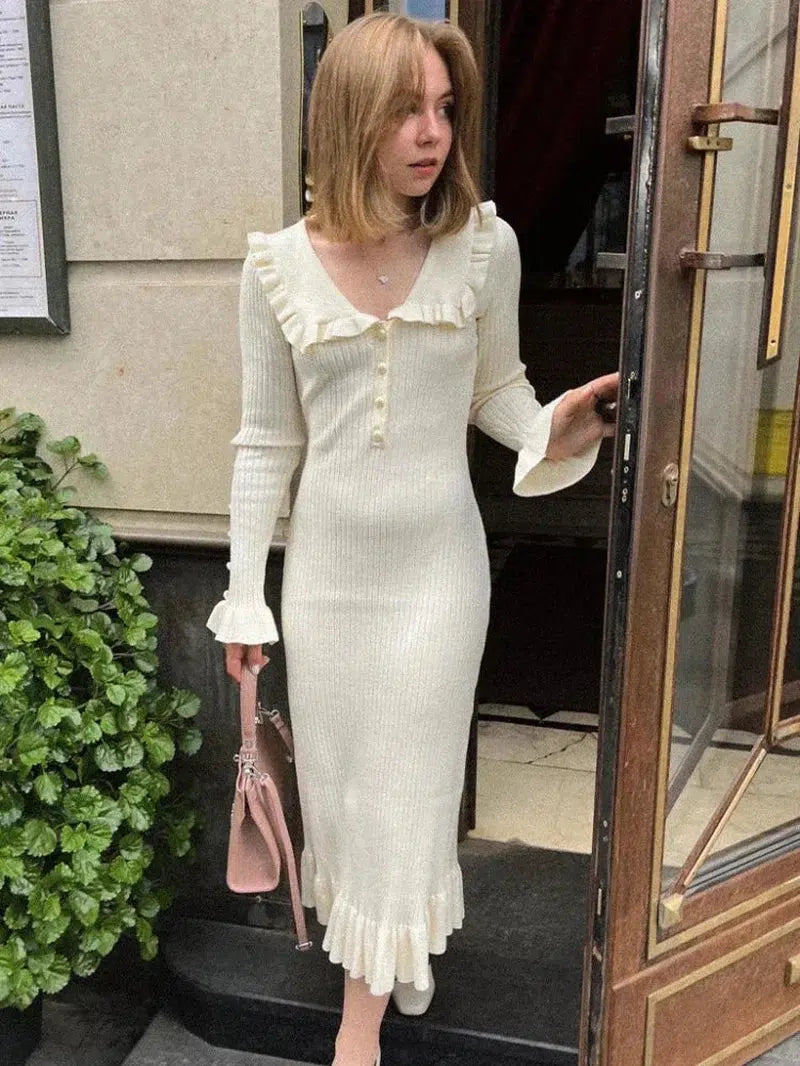 Cheky - TARUXY High Waist Ruffled Maxi Dresses For Women Autumn Winter Knitted Slim Long Dress Women's Vintage Dress Woman Retro Elegant