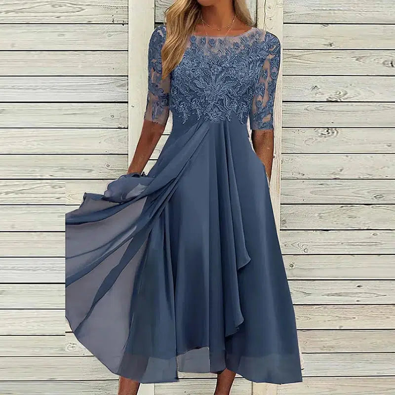 Cheky - New Elegant Green Party Dress Women O Neck Lace Half Sleeve Prom Dresses For Women Solid A-Line Dress Boho Sexy Long Dress