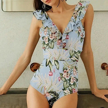 Cheky - One Piece Ruffle Swimsuit Women Push Up Bikini Set Vintage Floral Leaf Print Brazilian Bathing Sun Protection Swimwear Surf Wear