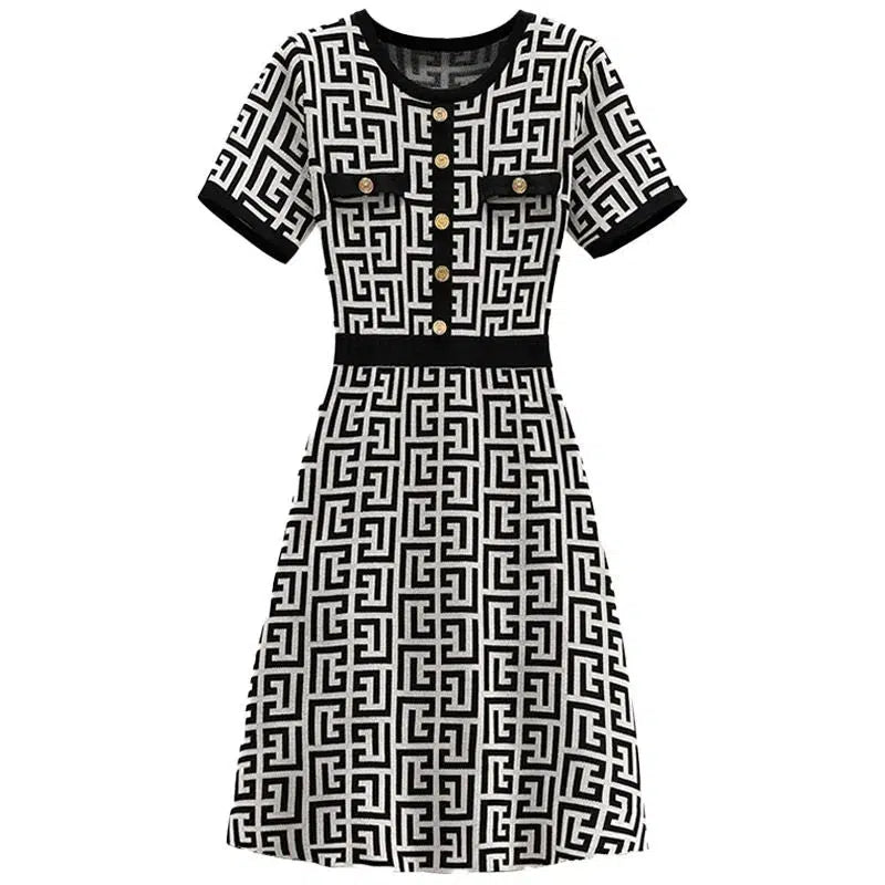 Cheky - Office Lady Printed Vintage Fashion Autumn Winter Button Short Sleeve Knitted Dress