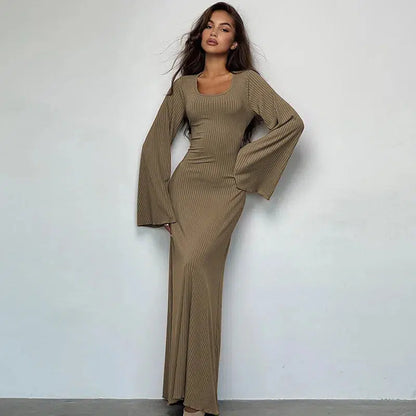 Cheky - Dulzura Solid Ribbed Trumpet Sleeves Maxi Dress Back Lace-Up Straps Elegant Casual Autumn Winter For Women Birthday