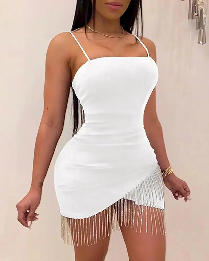 Cheky - New Woman Party Night Birthday Tassel Split Sleeveless Bodycon Dress Summer Elegant Suspender Short Mini Pencil Sexy Dresses