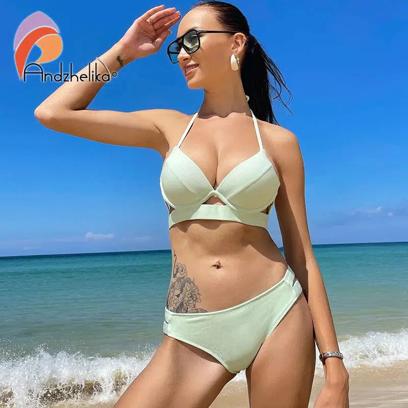 Cheky - Andzhelika Solid Push Up Bikinis Women Bandage Bikini Sets Swimsuit Sexy Halter Two Pieces Beachwear Bathing Suit Swimwear