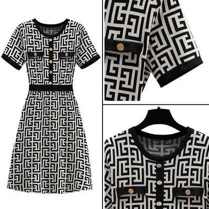 Cheky - Office Lady Printed Vintage Fashion Autumn Winter Button Short Sleeve Knitted Dress