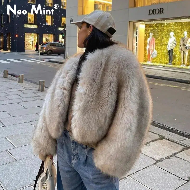 Cheky - Iconic Street Fashion Week Luxury Brand Gardient Cropped Faux Fur Coat Women Winter 2023 Hot Cool Girls Fluffy Short Fur Jacket