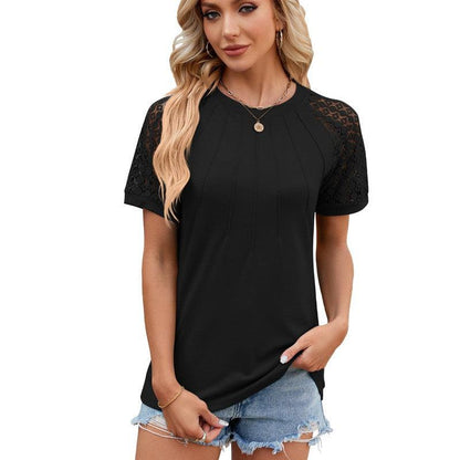 Cheky - Solid Color Round Neck Top Women's Lace Hollow Design Short Sleeve T-Shirt Summer Womens Clothing