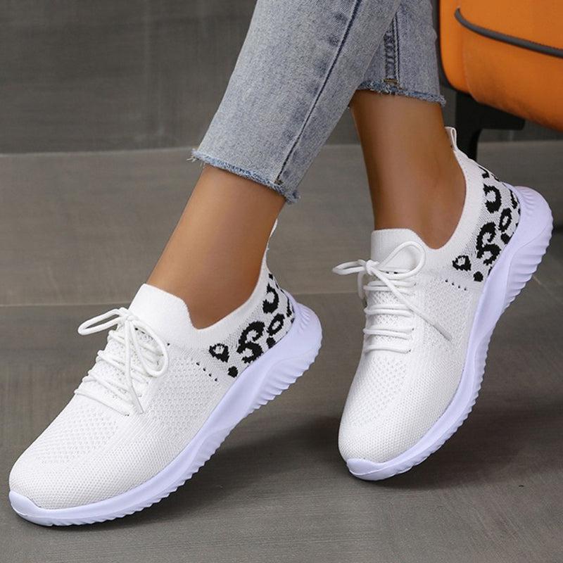 Cheky - White Shoes Women Leopard Print Lace-up Sneakers Sports