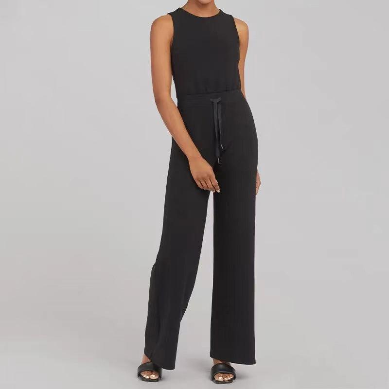 Cheky - Solid Color Jumpsuit Sleeveless Tops Tie Elastic Pants Romper