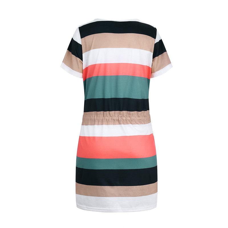 Cheky - Striped Print Short-sleeved Dresses Summer Fashion V-neck Drawstring Design Short Dress Beach Womens Clothing