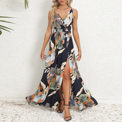 Cheky - V-neck Floral Print Long Dress Summer Fashion Waist Tie Slit Design Sleeveless Dress For Womens Clothing