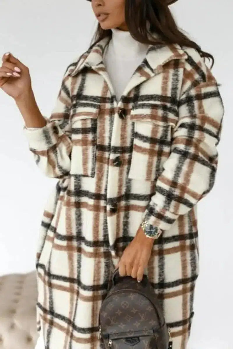 Cheky - Button lapel casual warm plaid long woolen coat